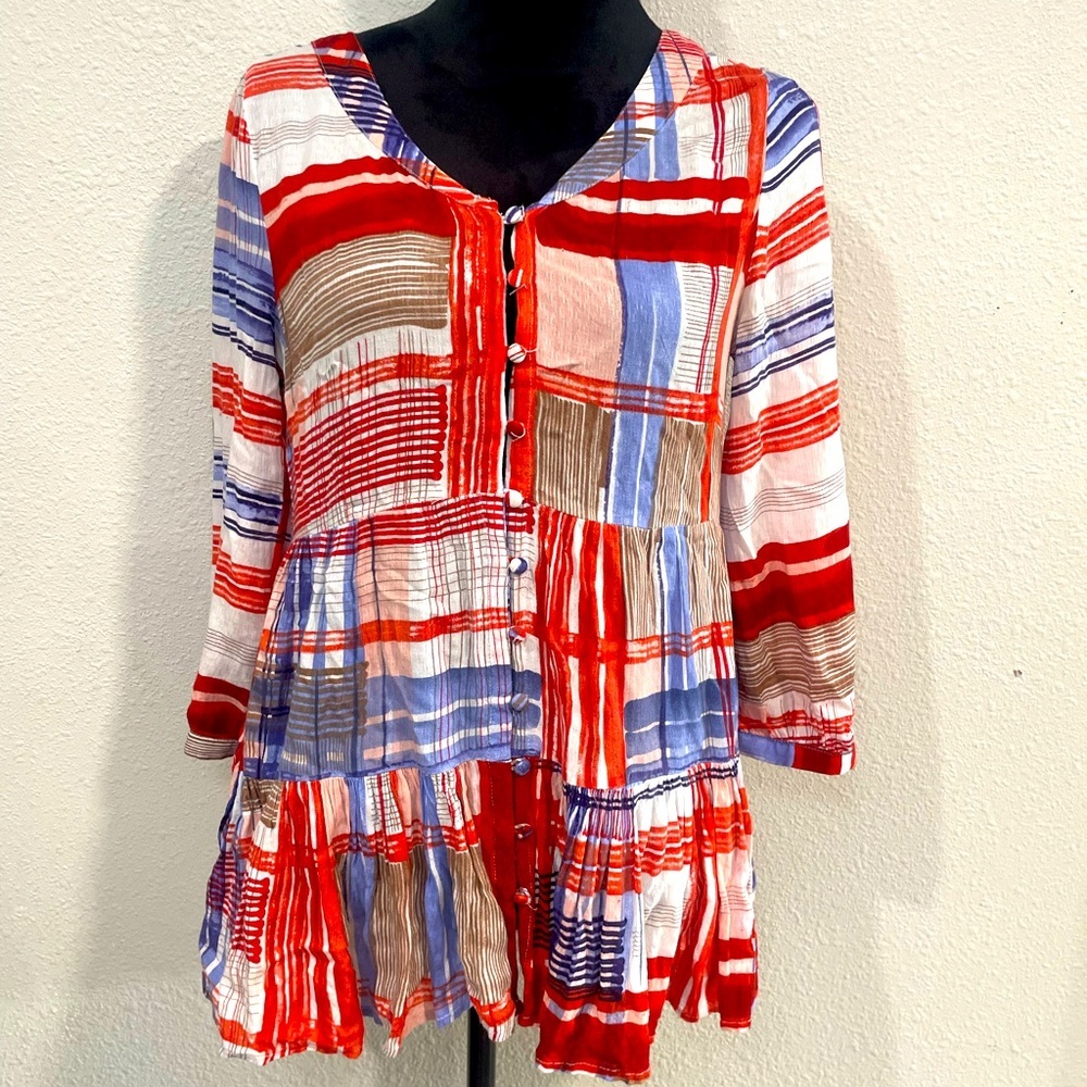 Maeve by Anthropologie Red, White and blue Boho Plaid Blouse - Size Small